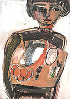 Kunst Malerei Gemälde Acryl auf Papier Frau sitzt am gedeckten Tisch